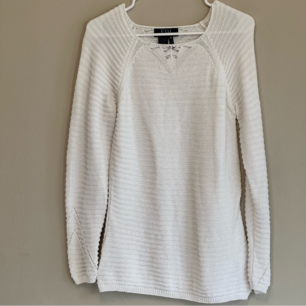 FDJ White Cotton Textured‎ Ribbed Sweater w Crochet Details Women’s Small